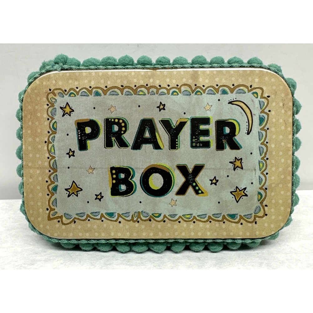 Natural Life Prayer Box Tin Moon Stars Decorated Aqua Pom Pom Trim Boho